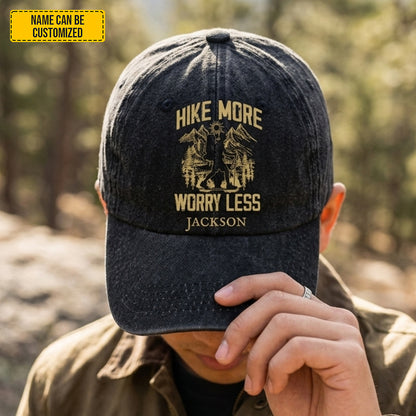 Hike More Worry Less - Personalized Vintage Denim Cap