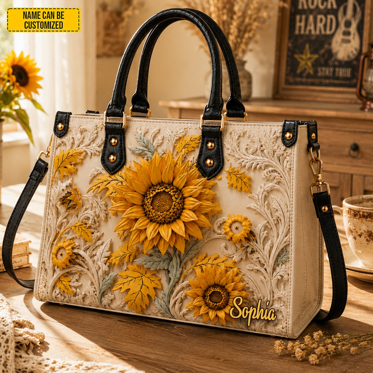 Personalized Sunflower Leather Handbag