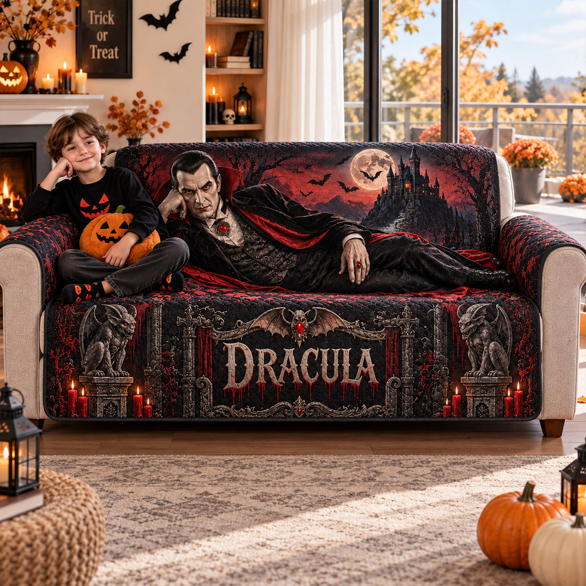 Dracula Vampire Horror Sofa Cover – Halloween Horror Quilted Home Decor