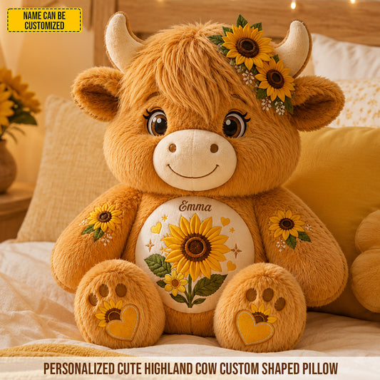 Personalized Highland Cow With Sunflowers Pillow