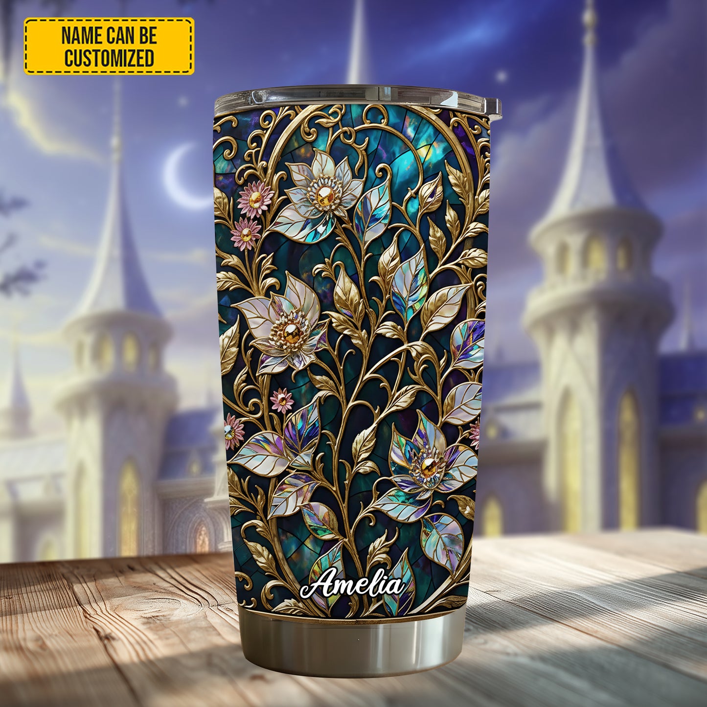 Personalized Waxflower & Celestial Quartz Stained Stained Glass Tumbler