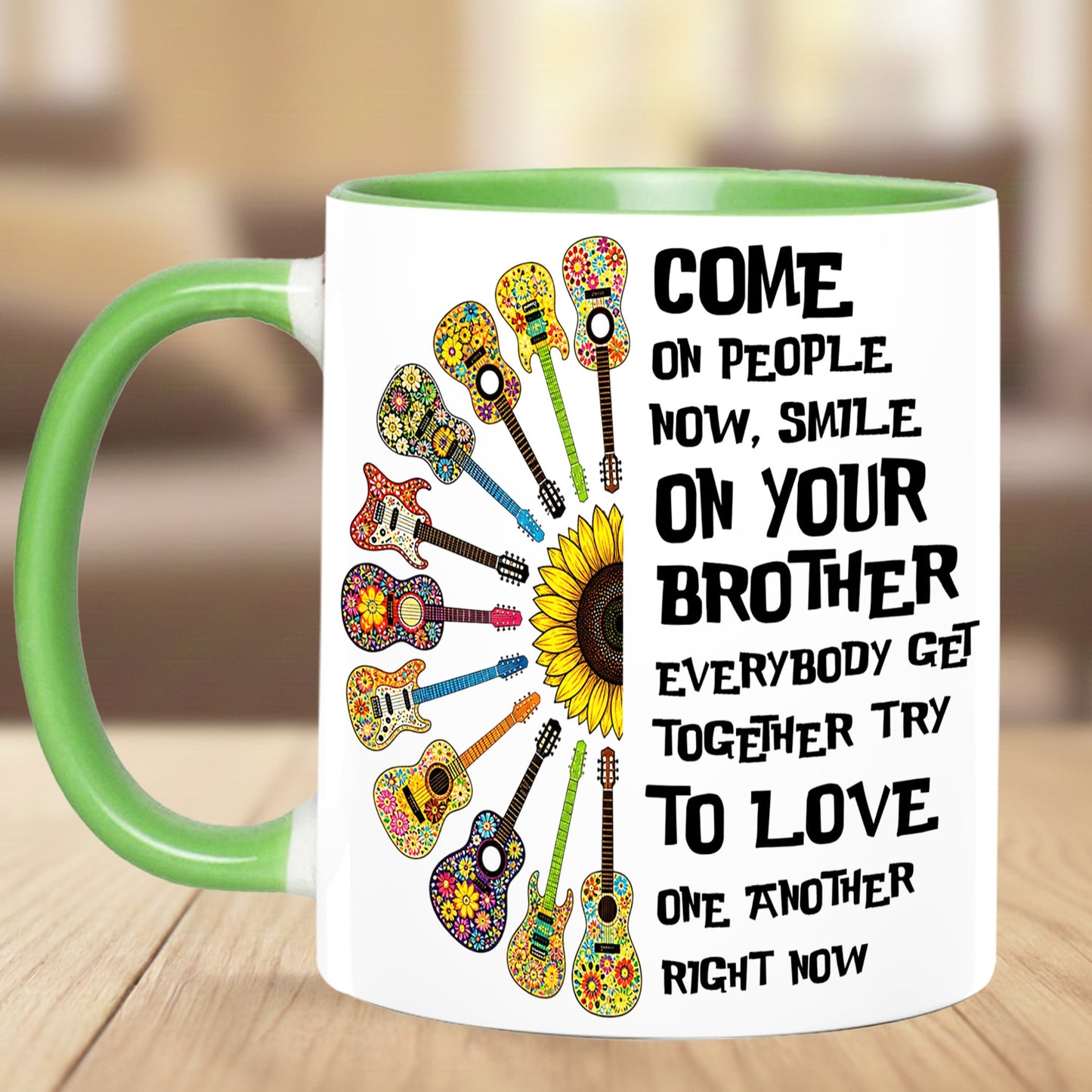 Come Together In Love – Hippie Guitar Sunflower Accent Mug