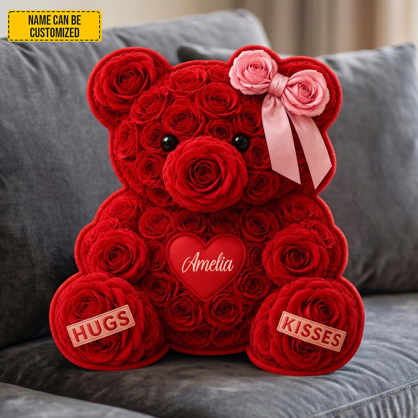 Personalized Rose Bear With Bow Pillow