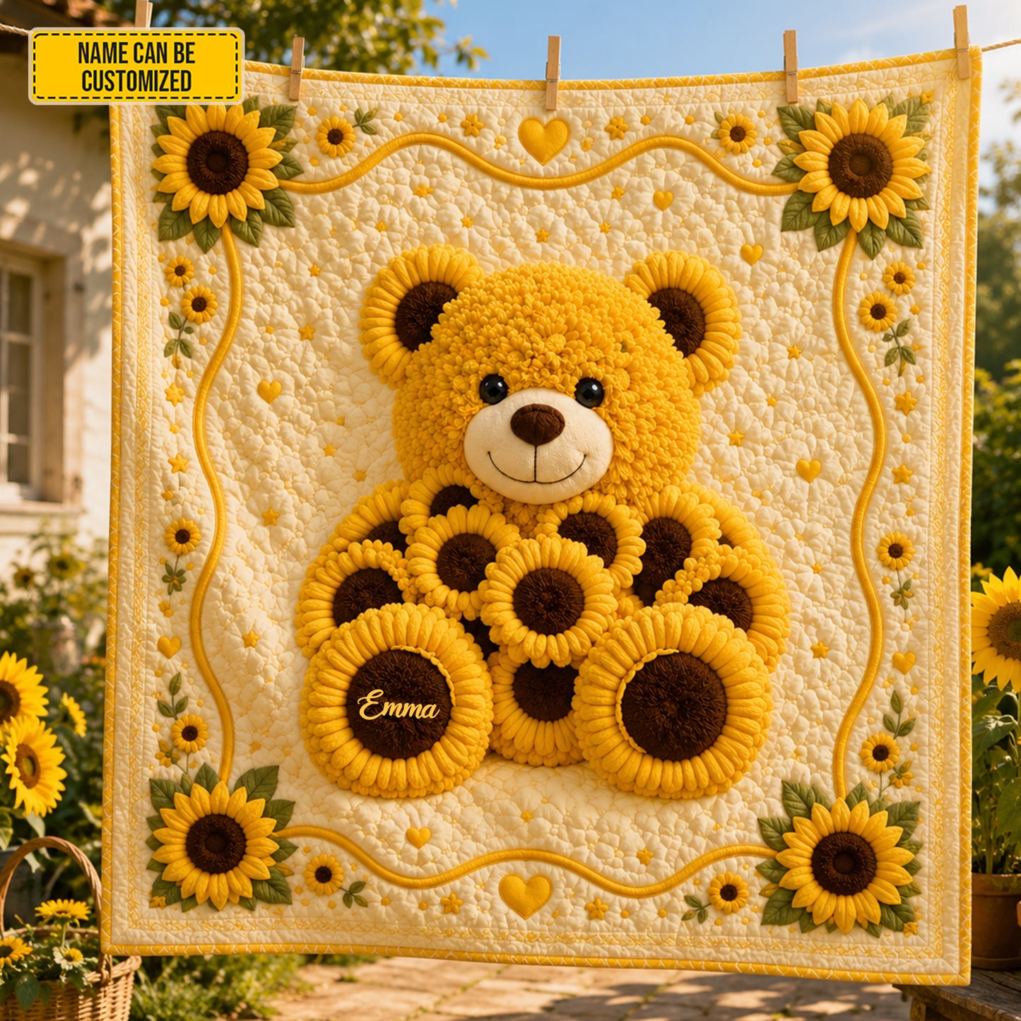 Personalized Cute Sunflower Bear Blanket