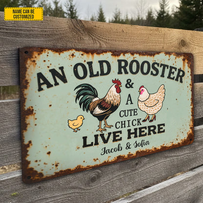 An Old Rooster & A Cute Chick - Personalized Chicken Metal Sign