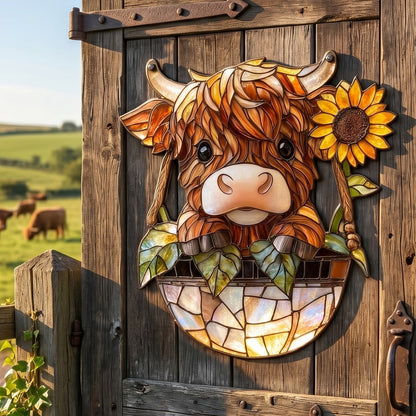 Highland Cow Sunflower Metal Sign - Gift For Farm Decor