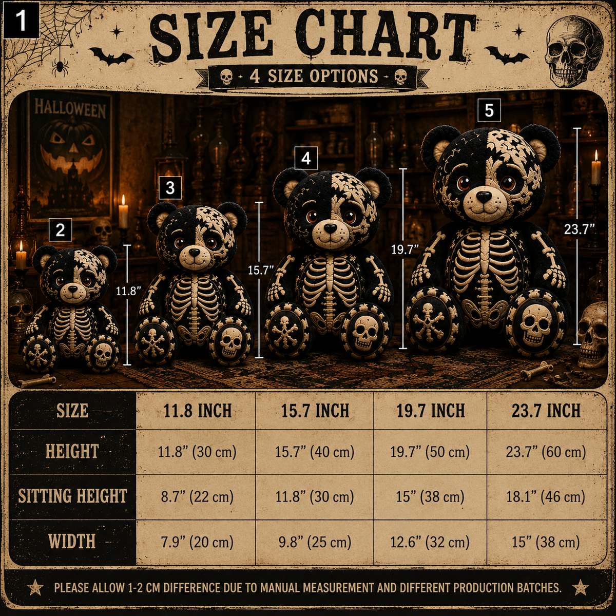 Skeleton Bear Custom Shaped Pillow – Gothic Halloween Gift for Skull, Skeleton & Spooky Season Lovers