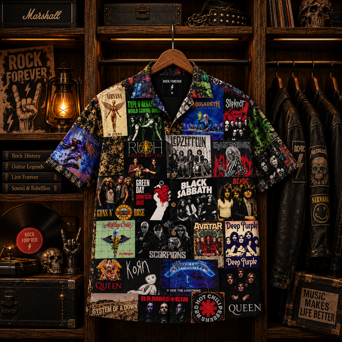 Rock & Metal Legends Album Collage Hawaiian Shirt – Classic Rock Bands Vintage Music Shirt, Heavy Metal Fan Gift