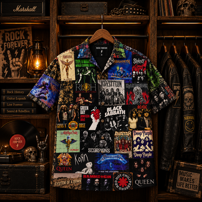Rock & Metal Legends Album Collage Hawaiian Shirt – Classic Rock Bands Vintage Music Shirt, Heavy Metal Fan Gift