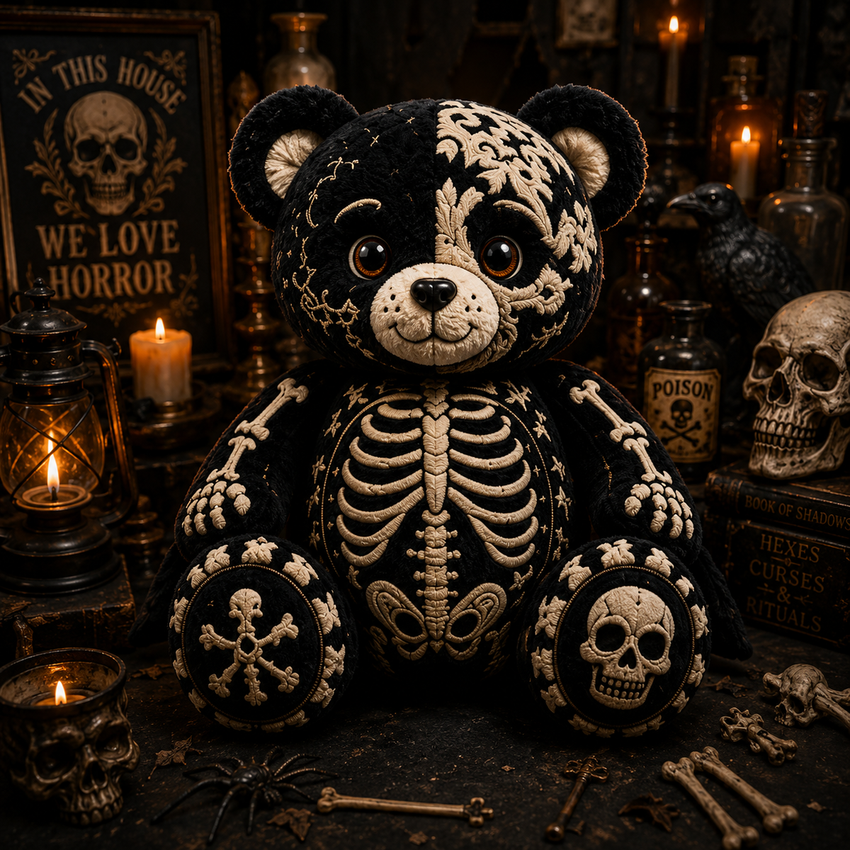 Skeleton Bear Custom Shaped Pillow – Gothic Halloween Gift for Skull, Skeleton & Spooky Season Lovers