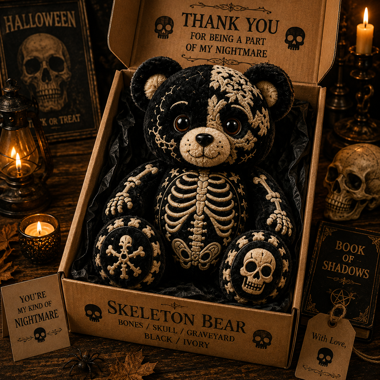 Skeleton Bear Custom Shaped Pillow – Gothic Halloween Gift for Skull, Skeleton & Spooky Season Lovers