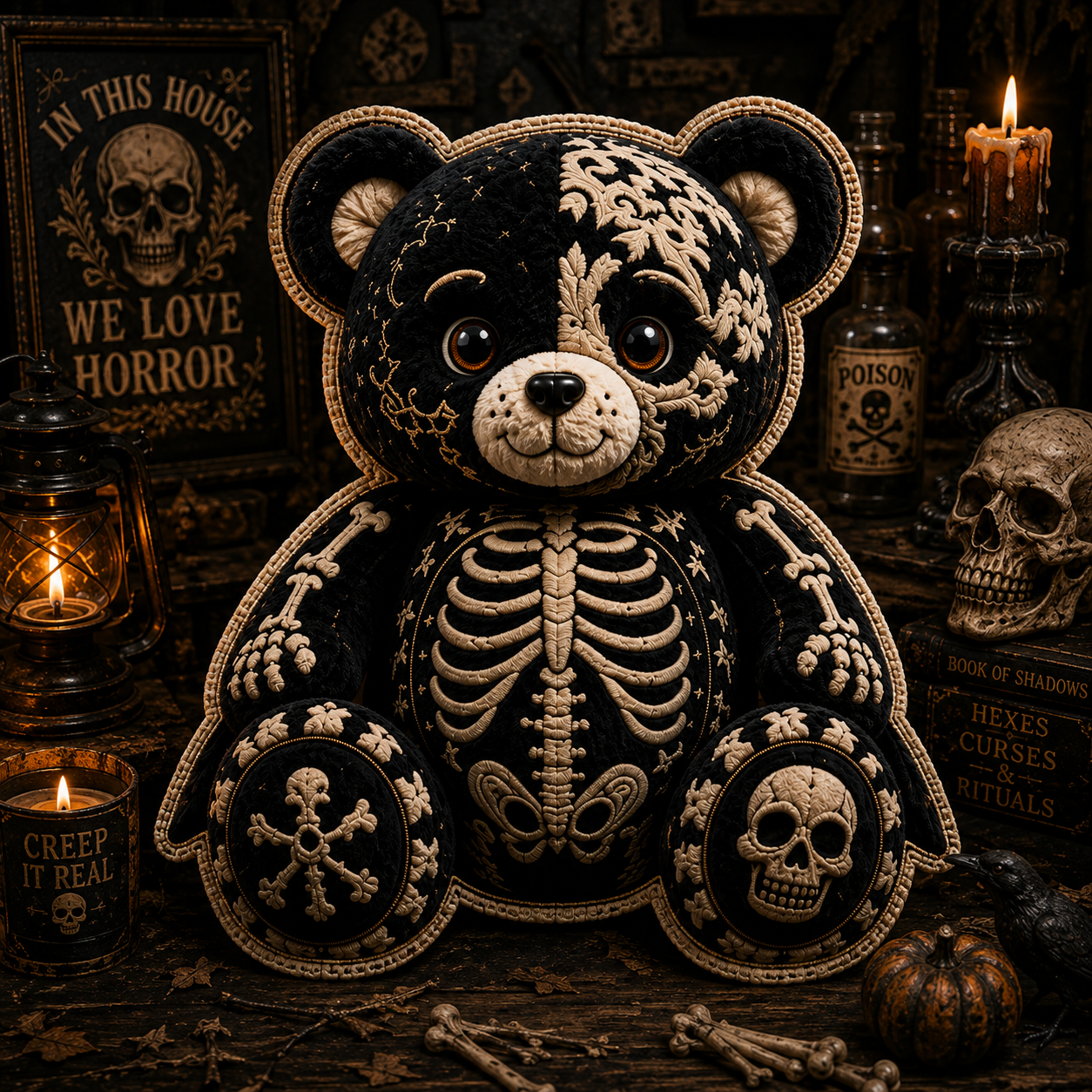 Skeleton Bear Custom Shaped Pillow – Gothic Halloween Gift for Skull, Skeleton & Spooky Season Lovers