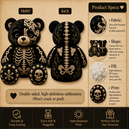 Skeleton Bear Custom Shaped Pillow – Gothic Halloween Gift for Skull, Skeleton & Spooky Season Lovers