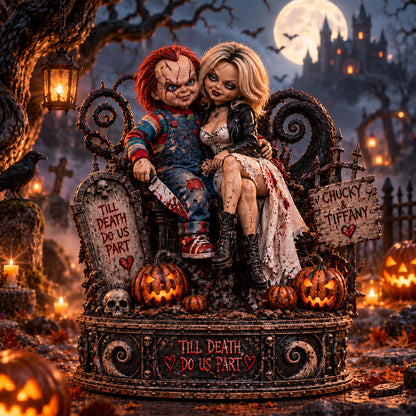 Chucky & Tiffany Till Death Do Us Part Horror Love Collectible Figurine Wooden Block - Collectible Table Decor