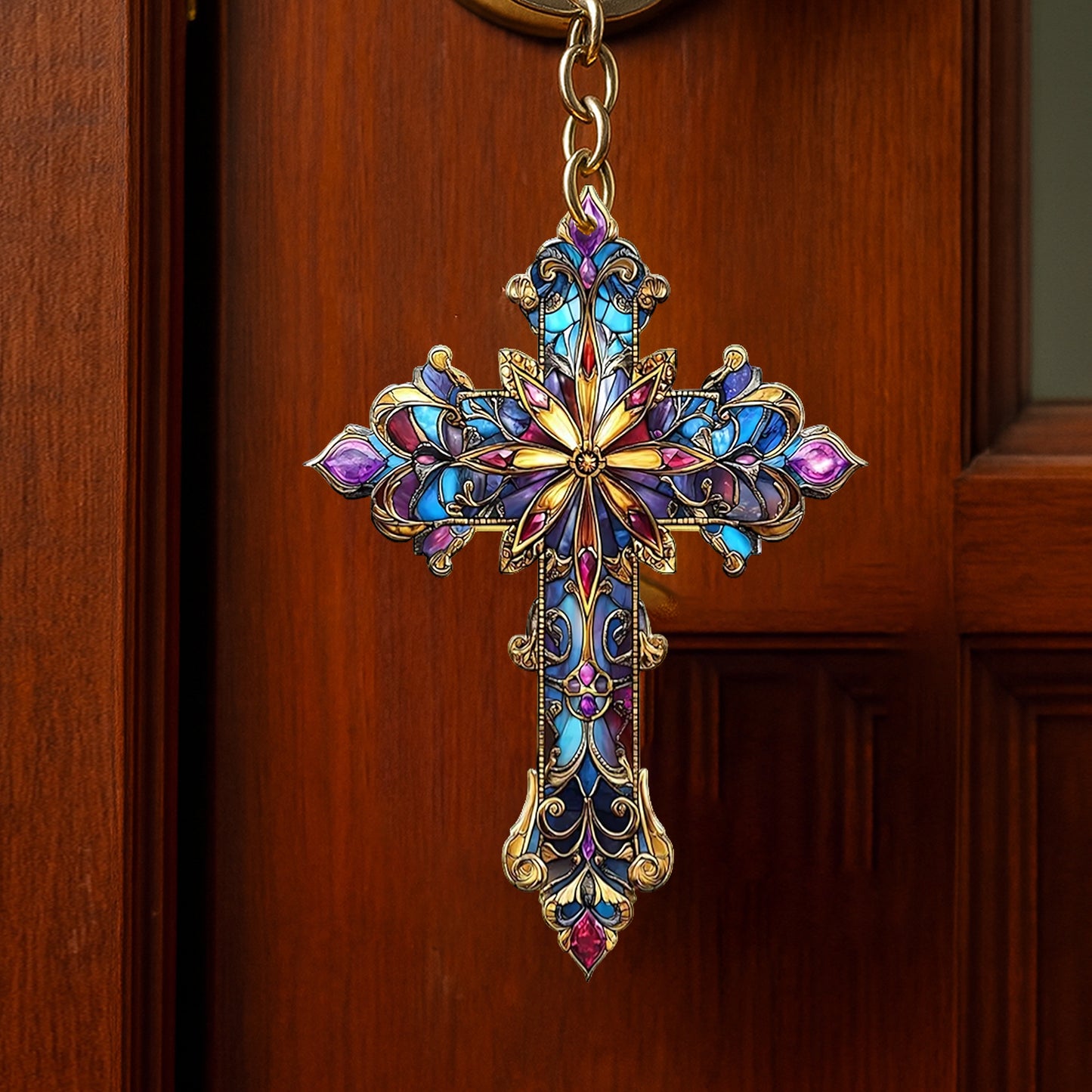 Stained Glass Cross Keychain