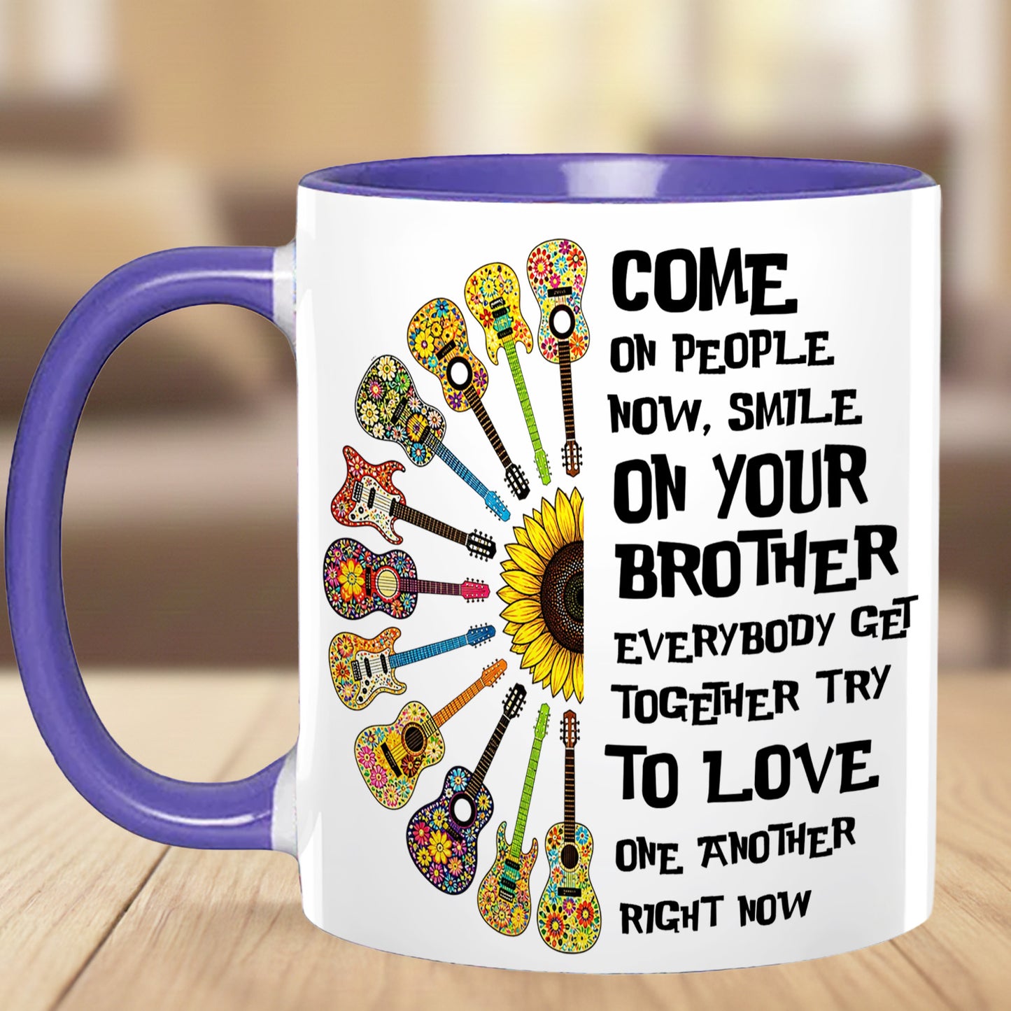 Come Together In Love – Hippie Guitar Sunflower Accent Mug