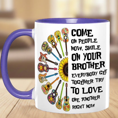 Come Together In Love – Hippie Guitar Sunflower Accent Mug