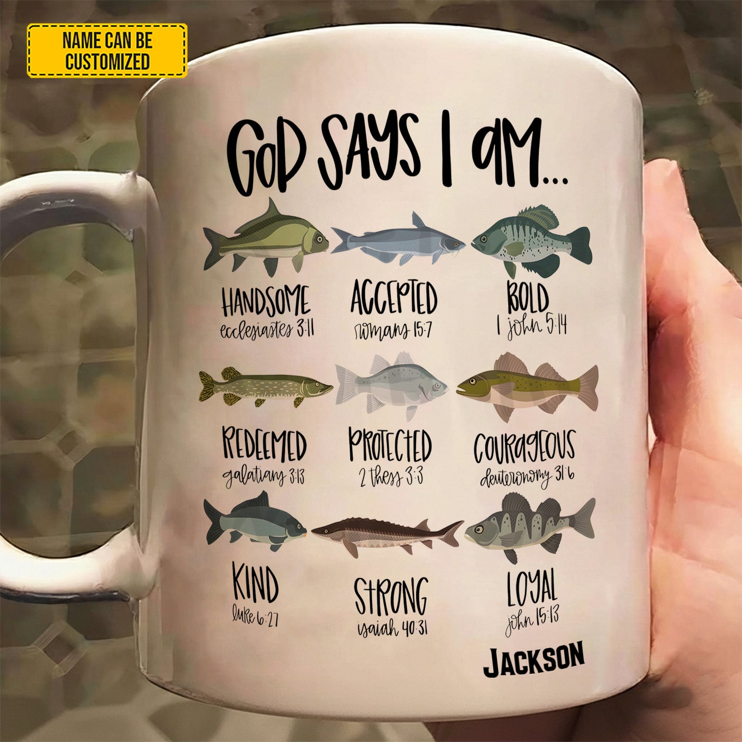 God Says I Am - Personalized Fishing White Mug