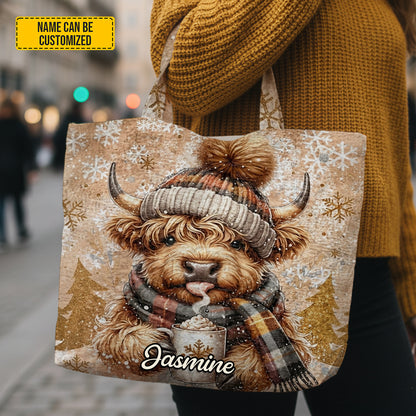 Personalized Highland Cow Winter Tote Bag