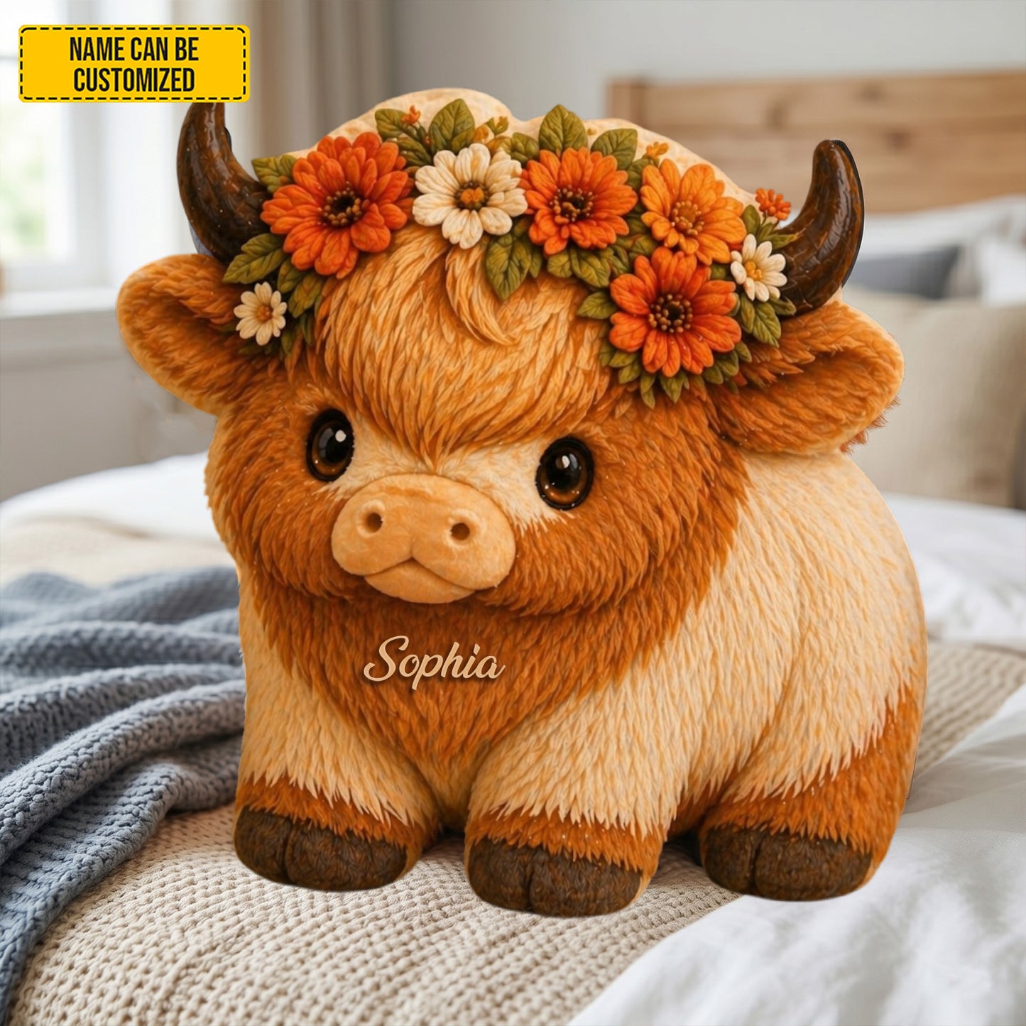Floral Highland Cow - Personalized Cozy Highland Cow Shaped Pillow