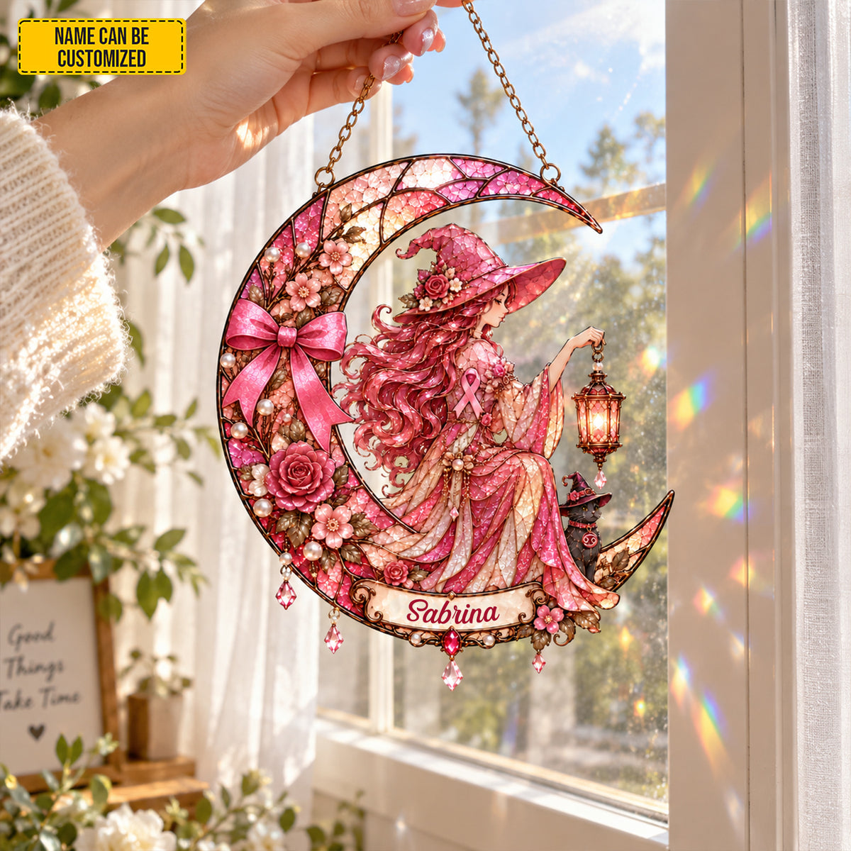 Personalized Cancer Awareness Witch Suncatcher – Custom Name Pink Ribbon Gift