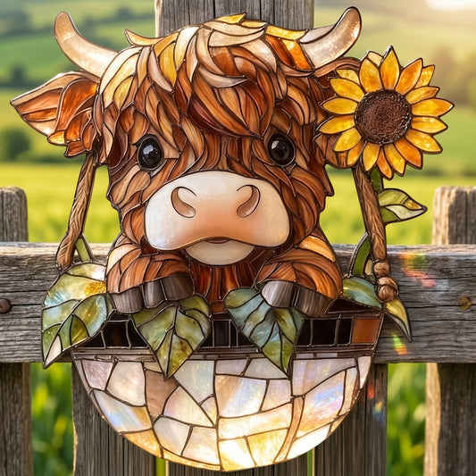 Highland Cow Sunflower Metal Sign - Gift For Farm Decor
