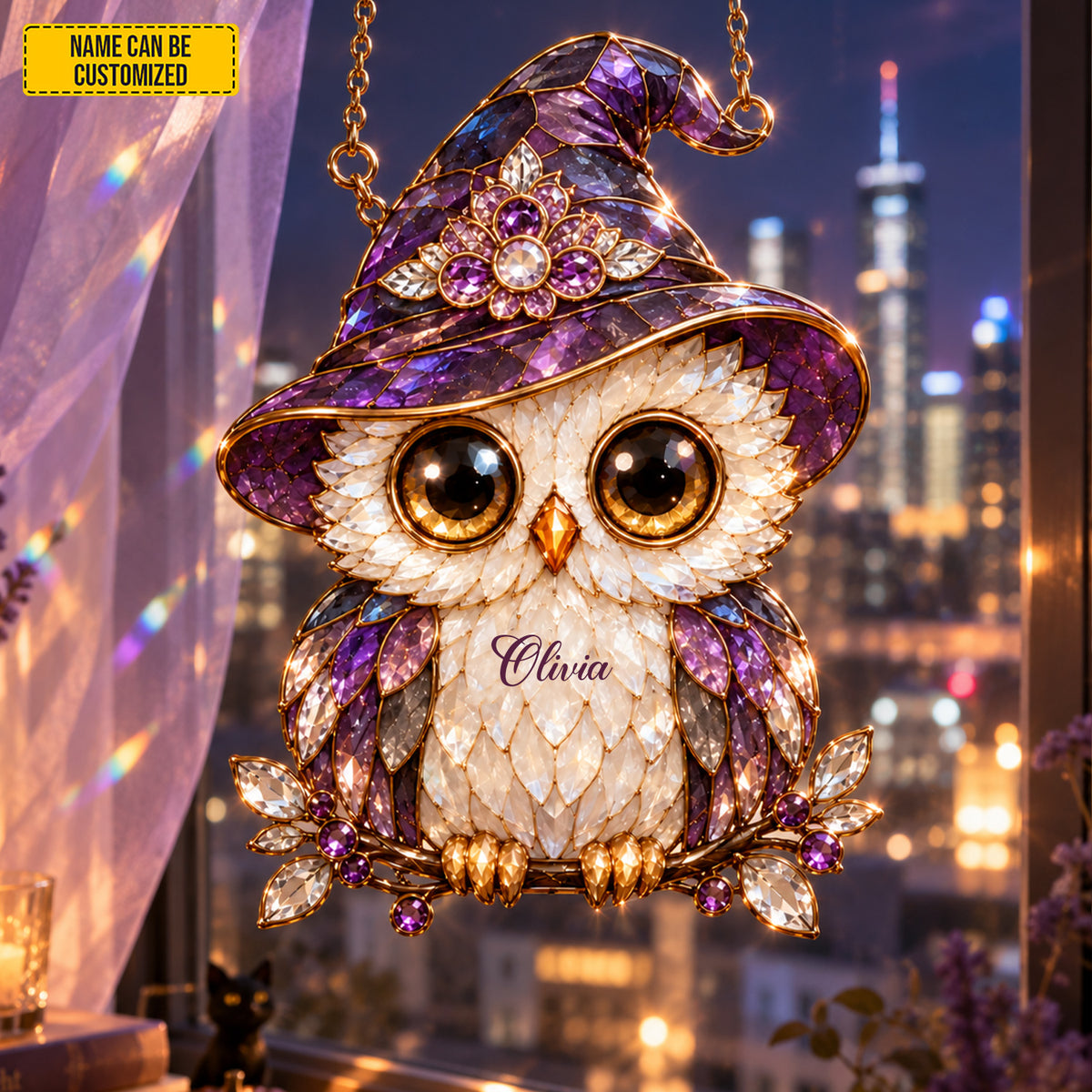 Personalized Witch Owl Suncatcher – Custom Name Stained Glass Window Decor