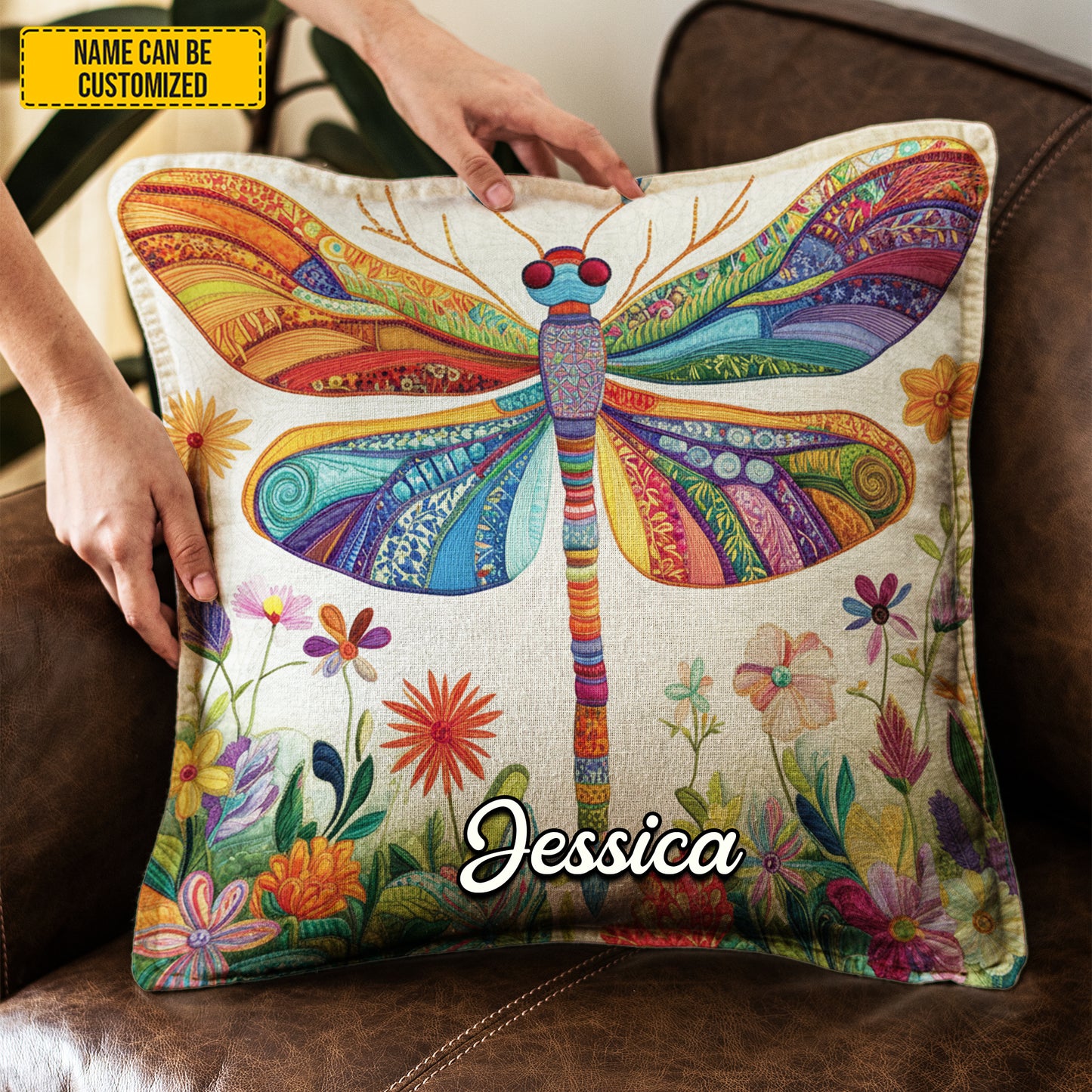 Personalized Colorful Dragonfly & Flowers Pillow