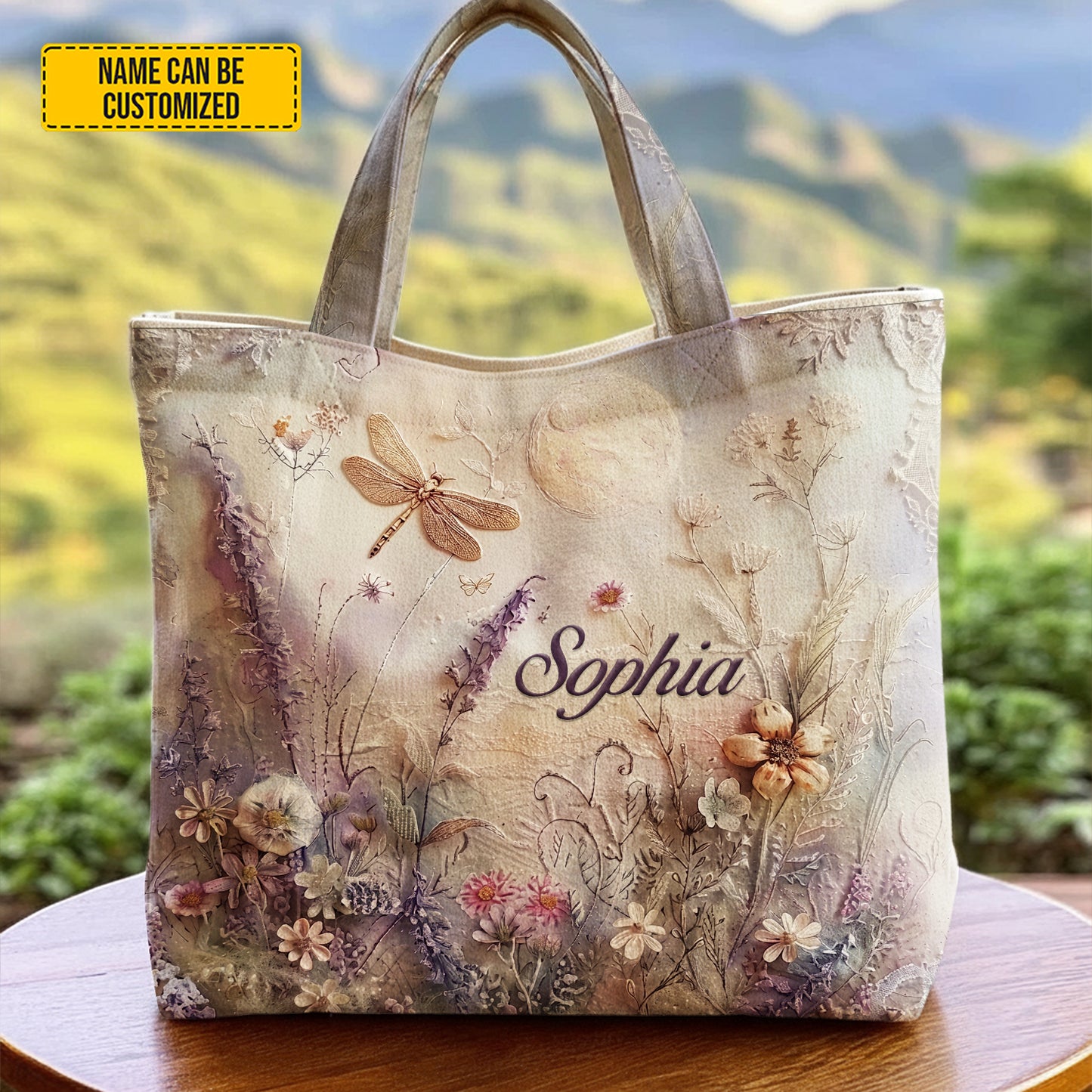 Personalized Floral Dragonfly Tote Bag