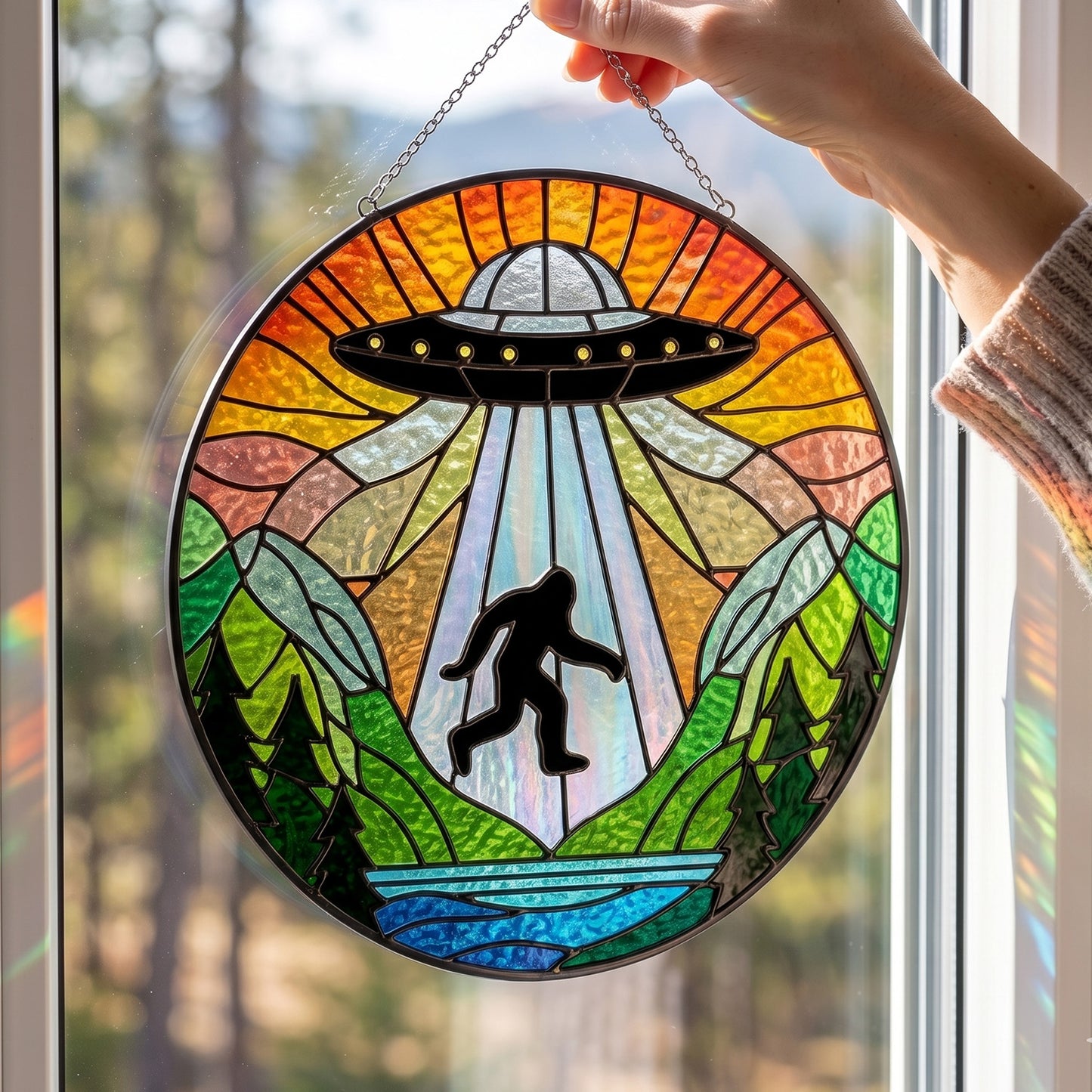Bigfoot UFO Stain Glass Suncatcher