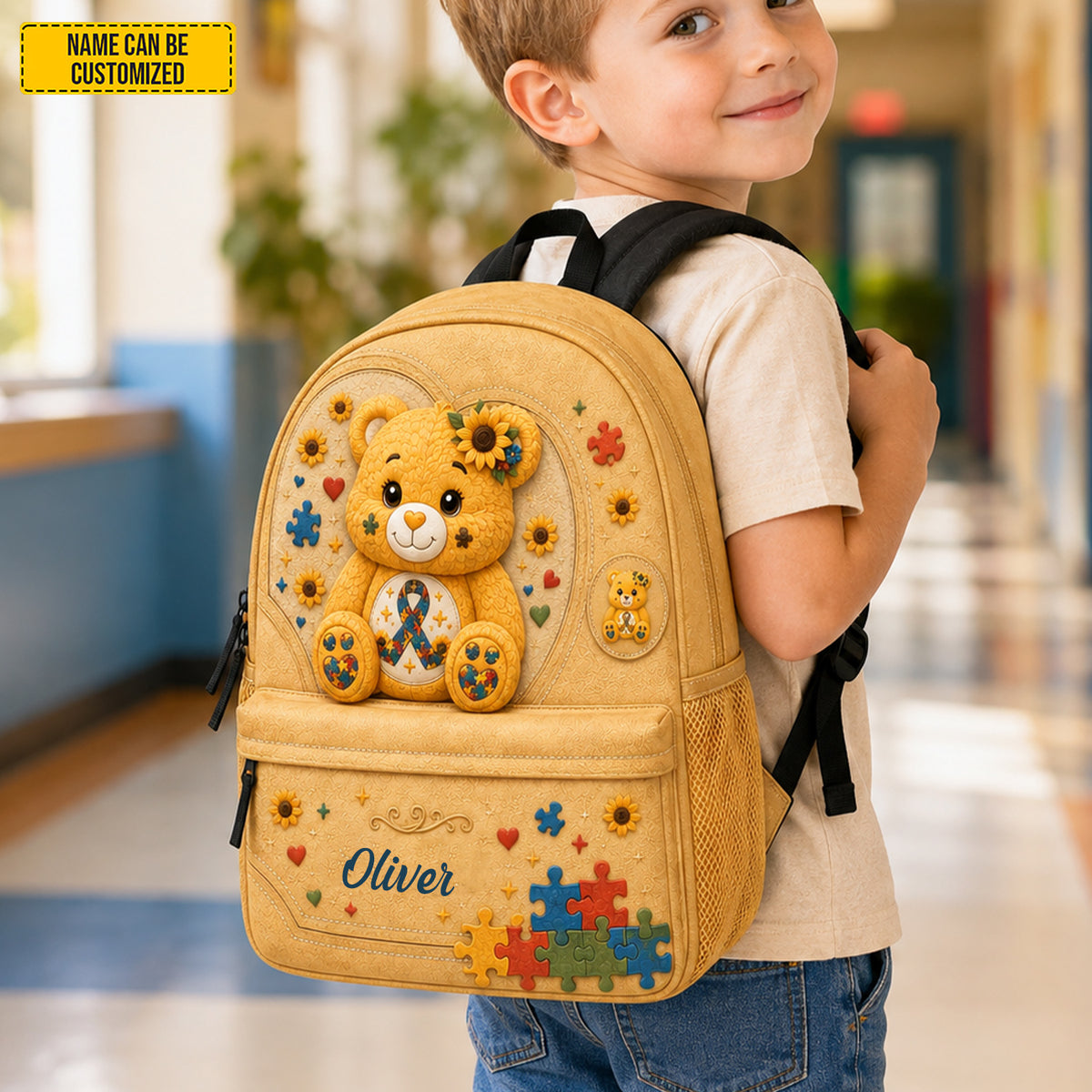 Personalized Autism Sunflower Bear Kids Backpack