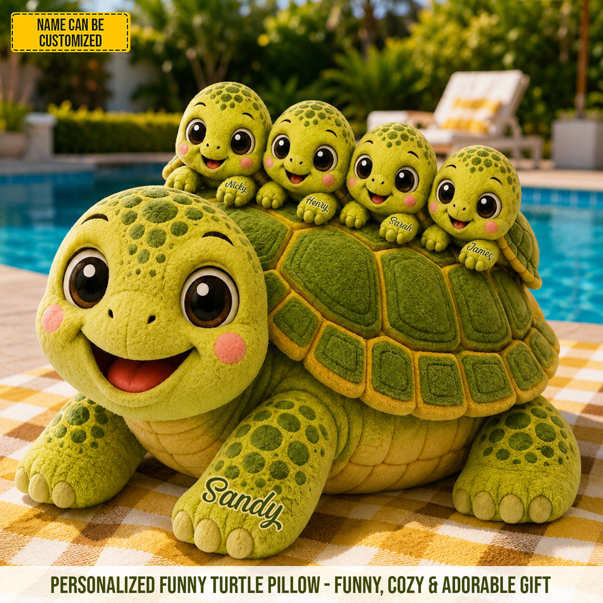 Mom Turtle With Little Kids - Personalized Shaped Pillow