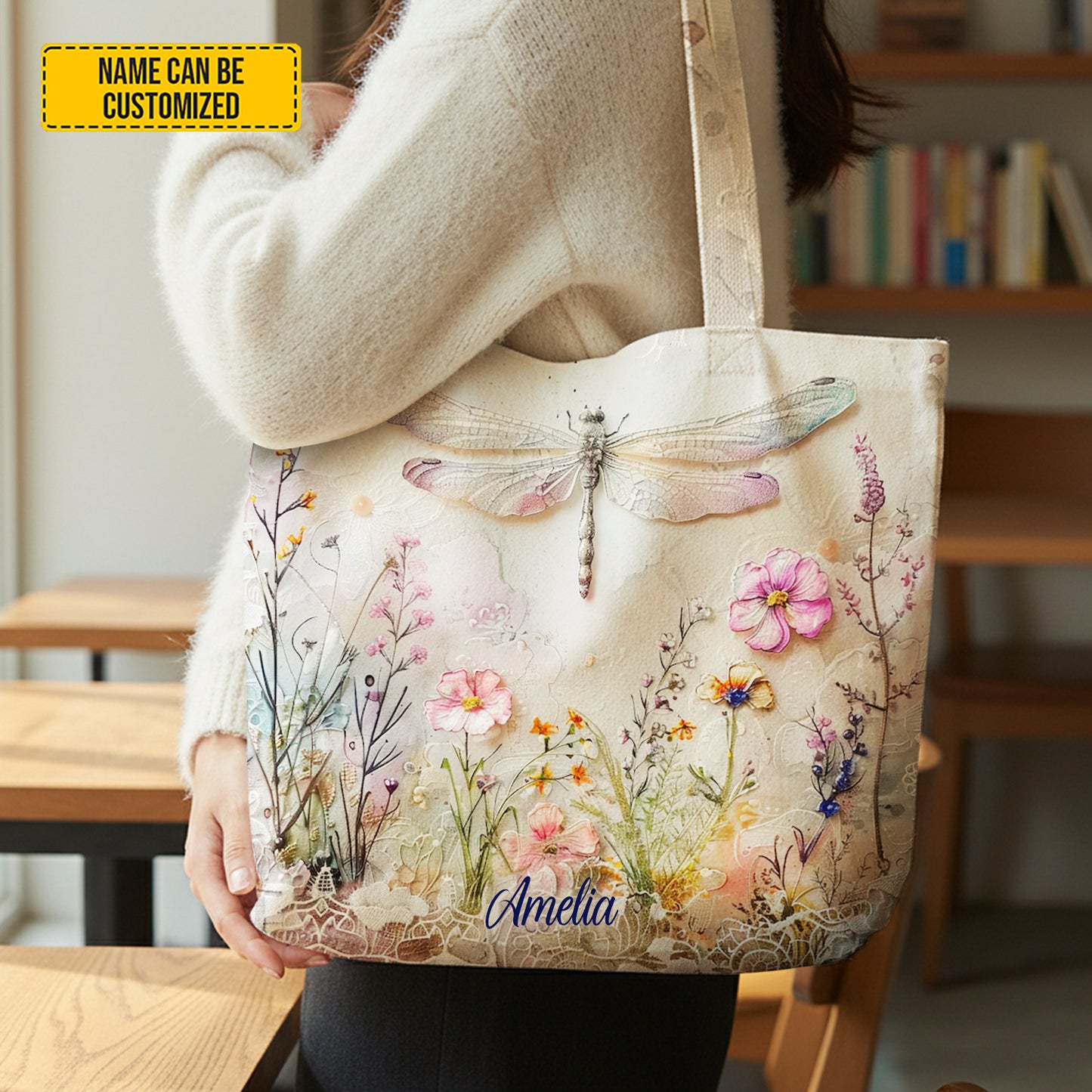 Personalized Dragonfly Floral Tote Bag