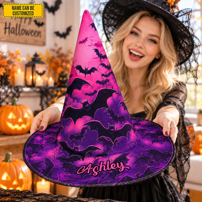 Personalized Bat Witch Hat – Custom Name Halloween Gift for Witch Lovers