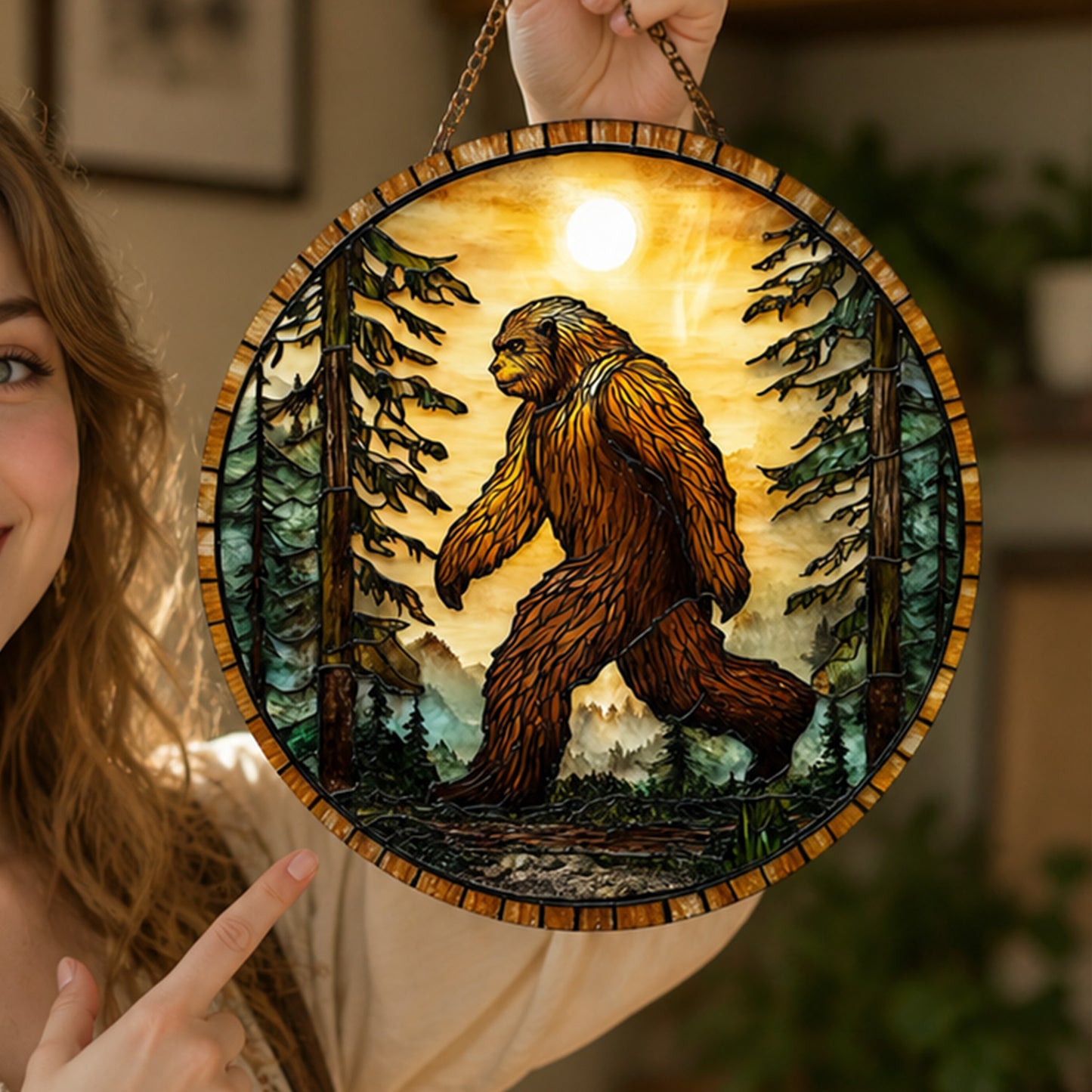 Bigfoot Forest Sunset Stained Glass Suncatcher