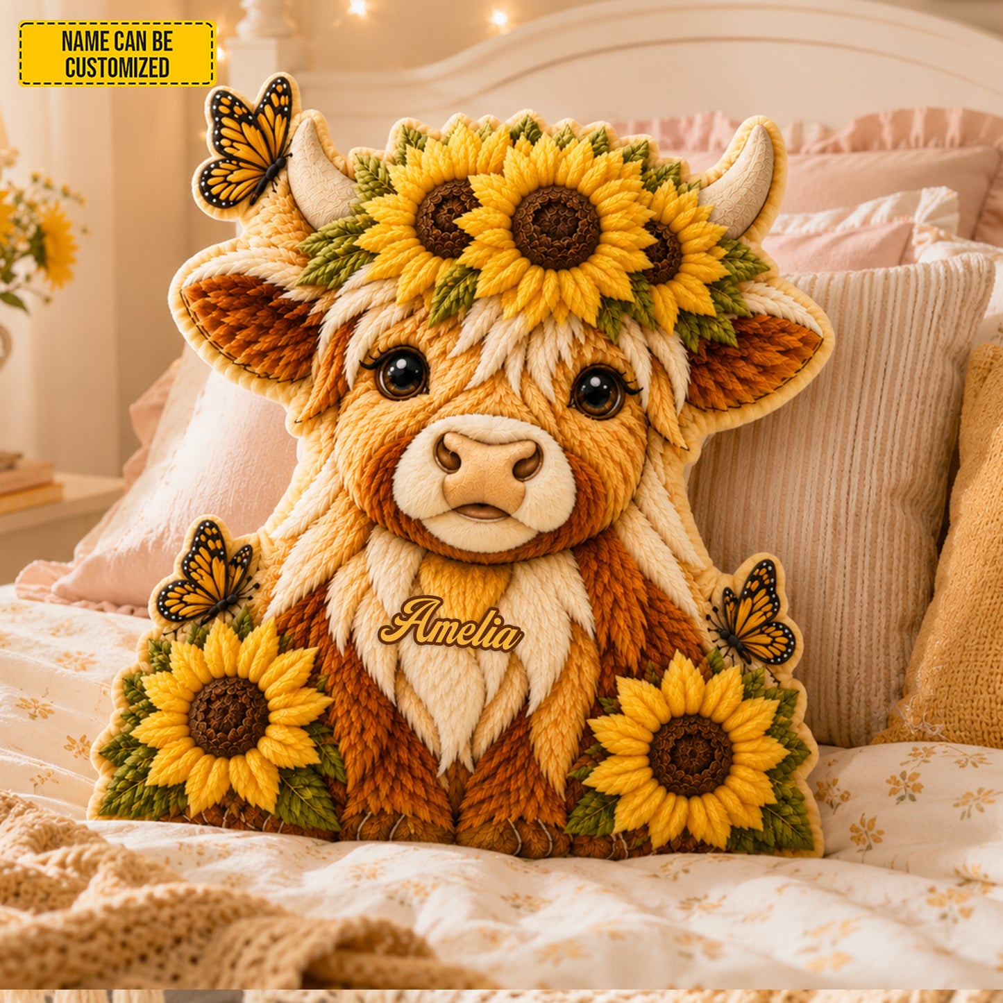 Personalized Cozy Highland Cow With Sunflower Shaped Pillow