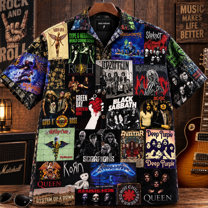 Rock & Metal Legends Album Collage Hawaiian Shirt – Classic Rock Bands Vintage Music Shirt, Heavy Metal Fan Gift