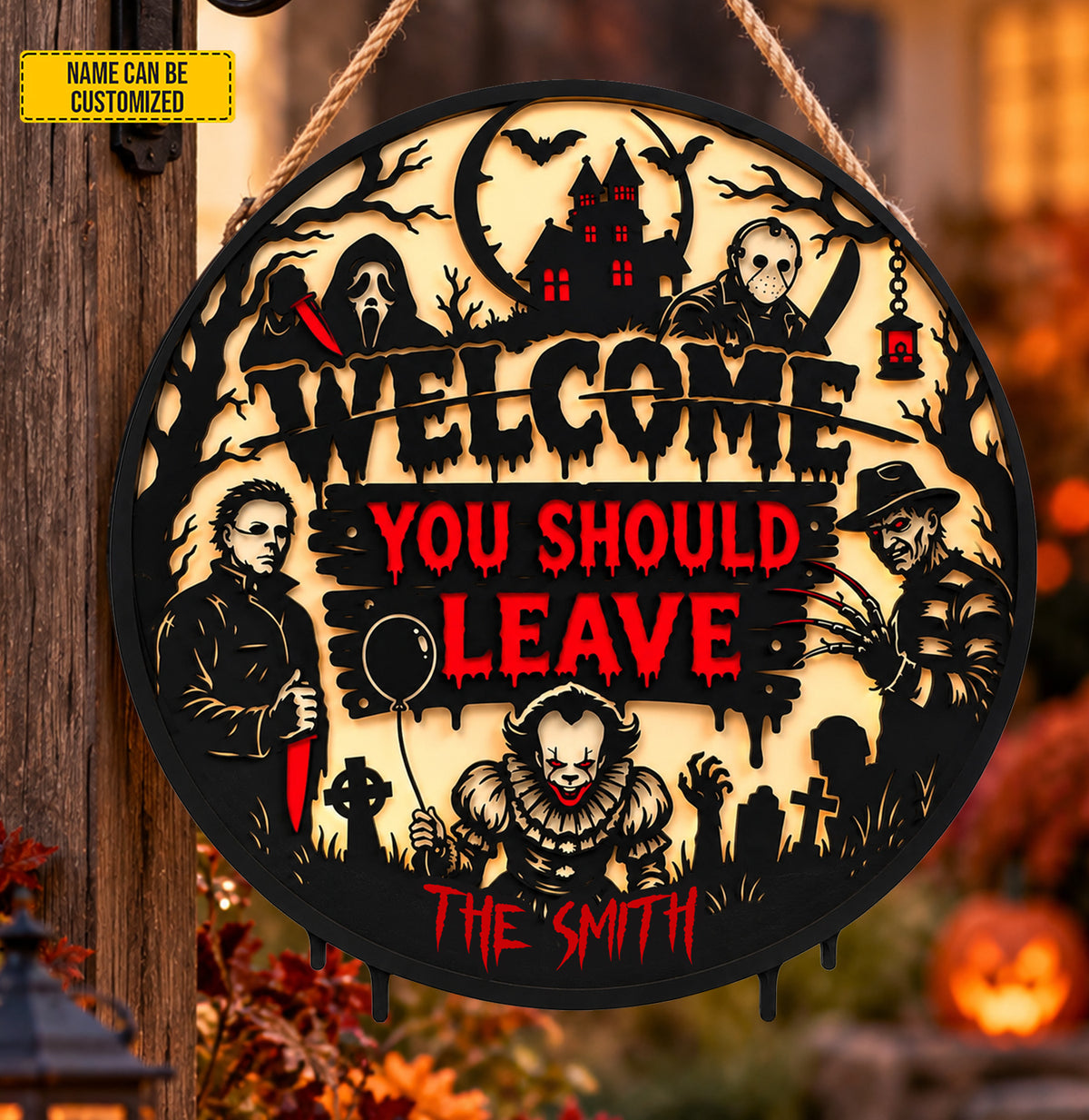 Personalized Horror Halloween Wood Sign – Custom Family Name Wall Decor