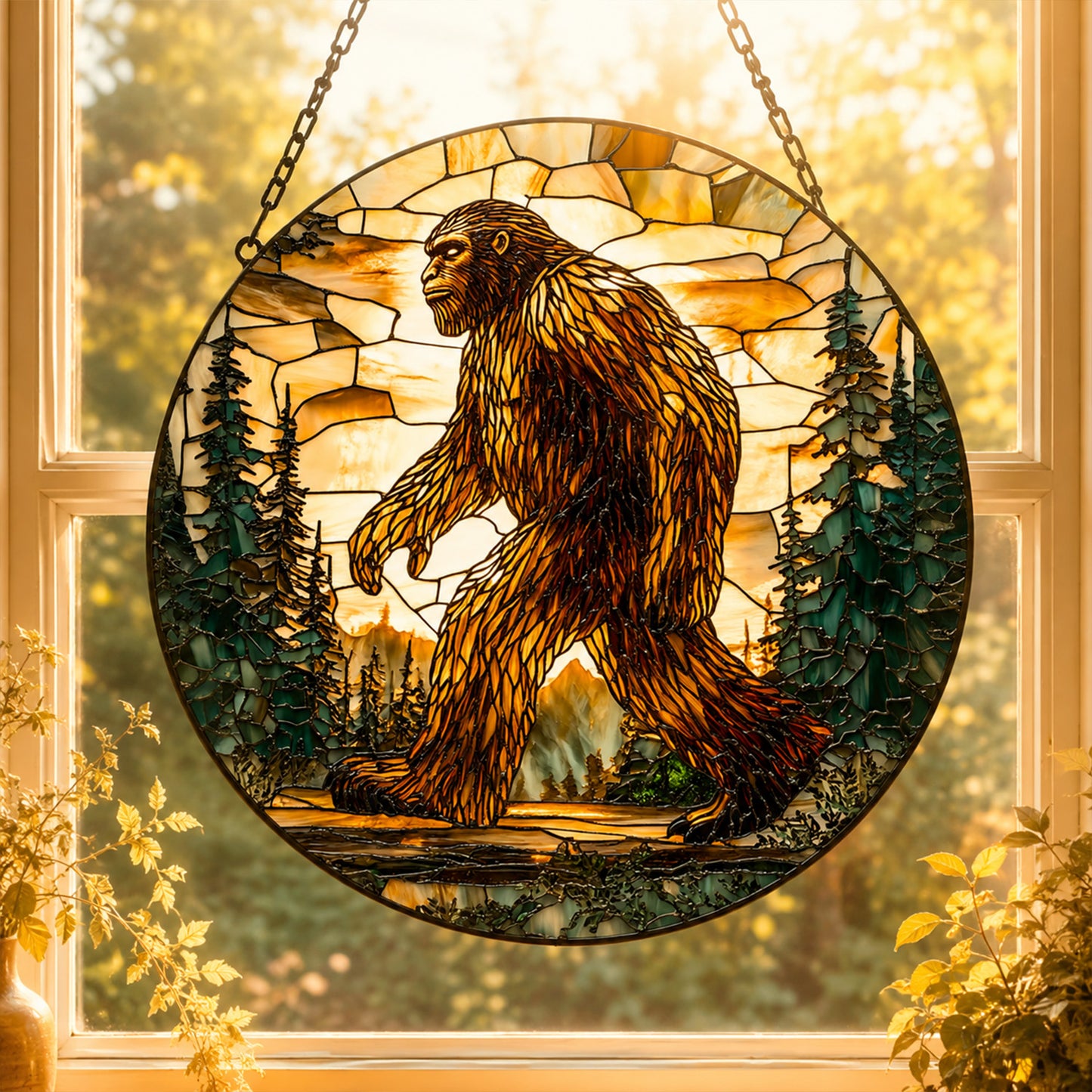Bigfoot Golden Forest Stained Glass Suncatcher