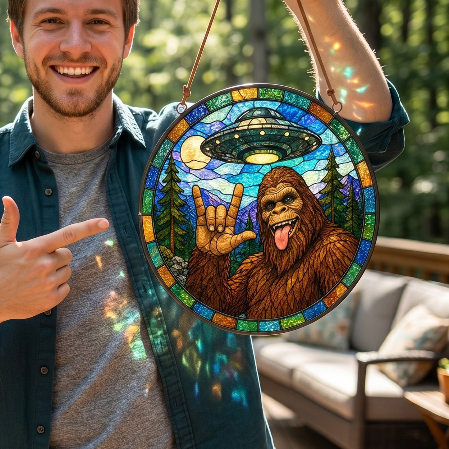 Bigfoot UFO Stain Glass Suncatcher