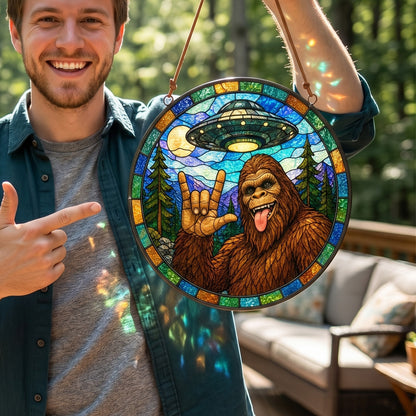 Bigfoot UFO Stain Glass Suncatcher