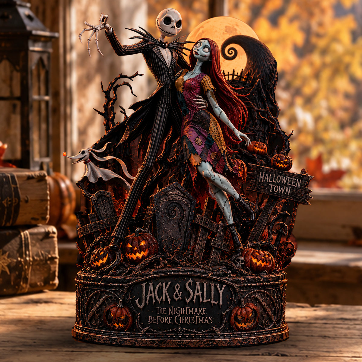 Jack & Sally Halloween Town Gothic Romance Wooden Block - Collectible Table Decor