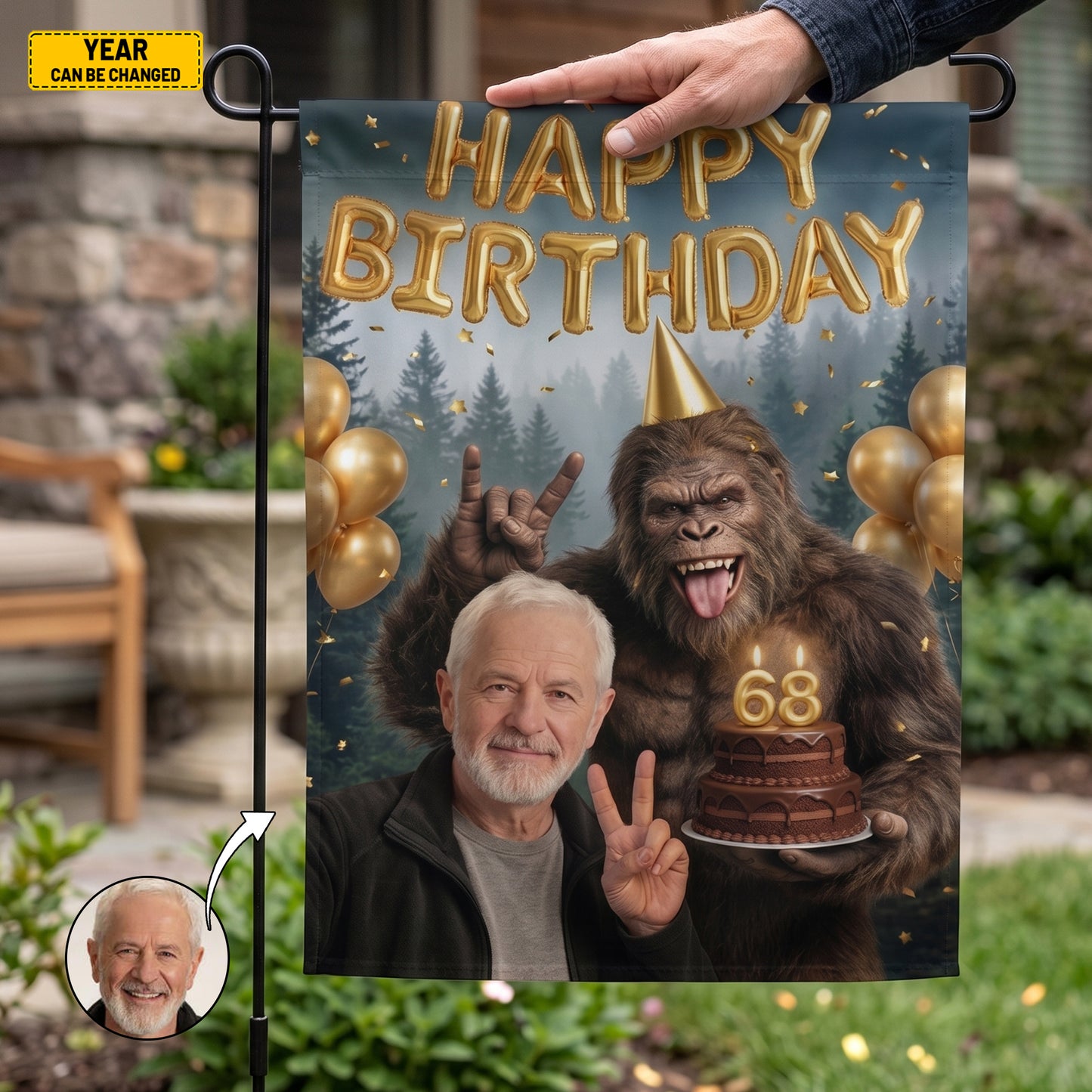 Personalized Funny Custom Photo Bigfoot Birthday Garden Flag