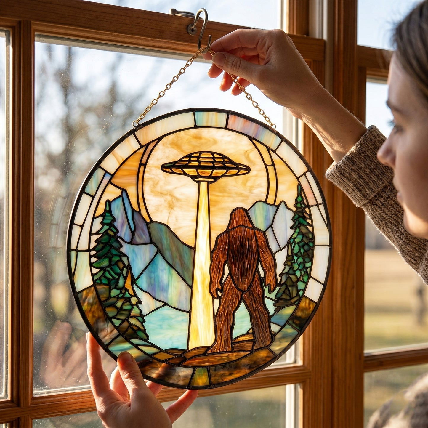 Bigfoot UFO Stain Glass Suncatcher
