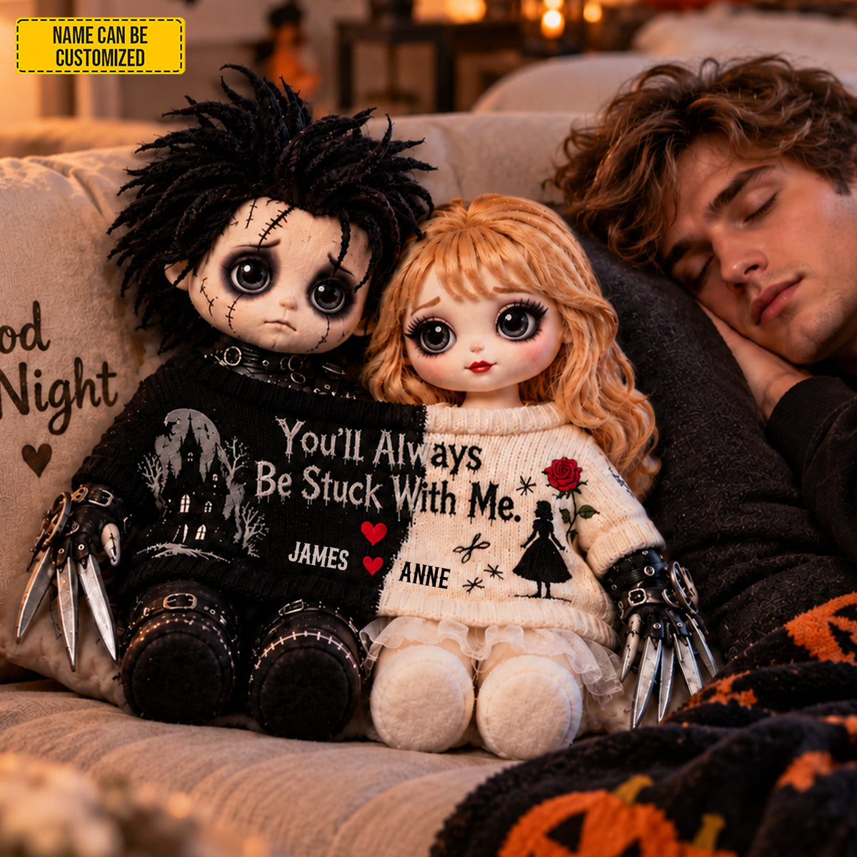 Personalized Gothic Love Couple Dolls Custom Shape Pillow