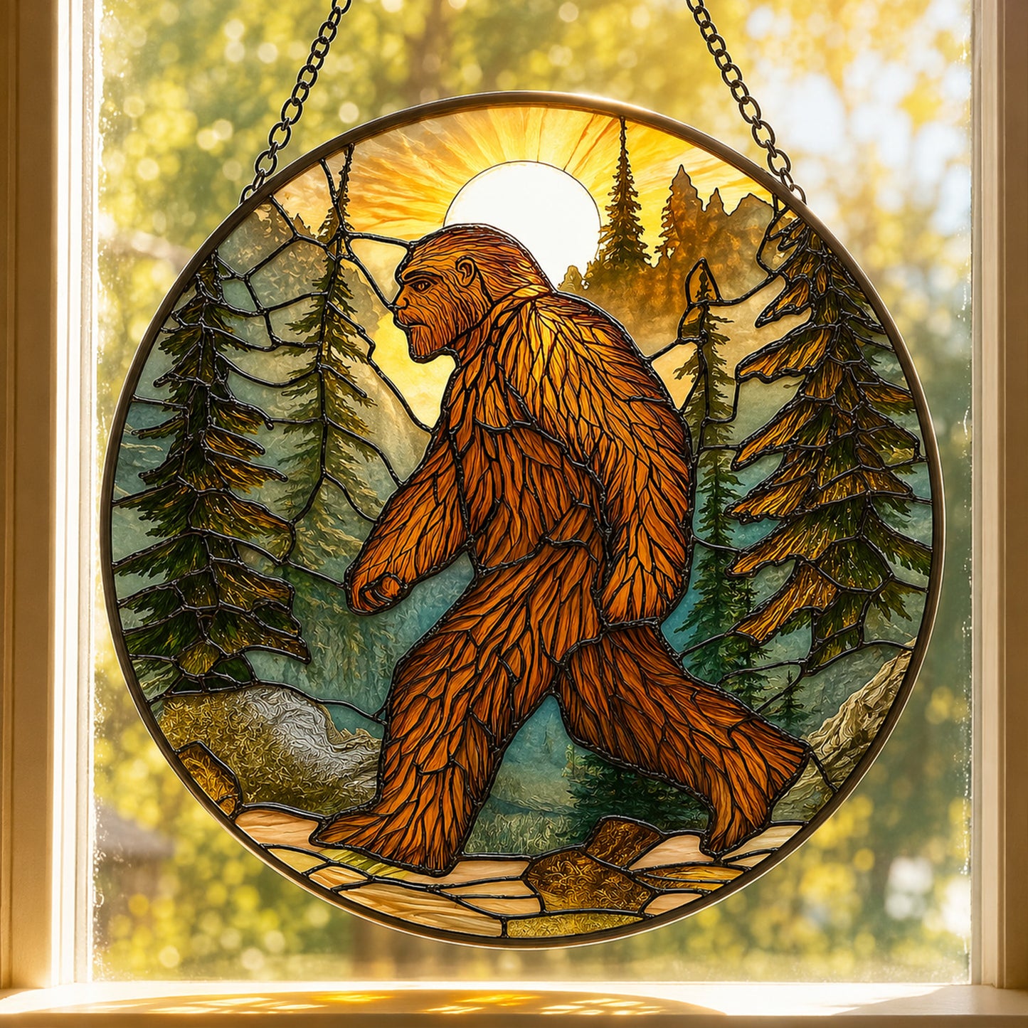 Bigfoot Forest Sunset Stained Glass Suncatcher