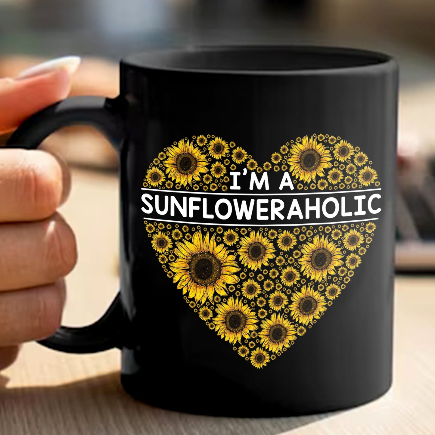 I'm A Sunfloweraholic Black Mug