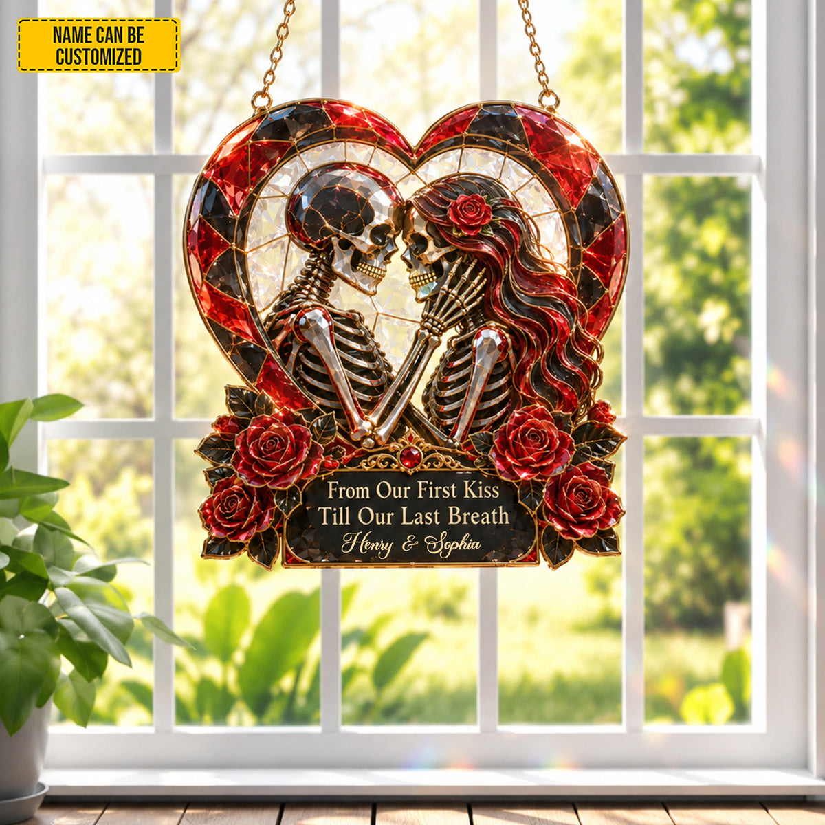 Personalized Skeleton Couple Suncatcher – Gothic Romantic Window Decor