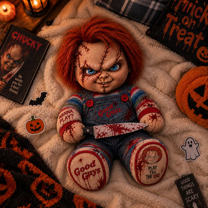 Wanna Play? Killer Doll Horror Custom Shape Pillow – Creepy Halloween Collector Gift