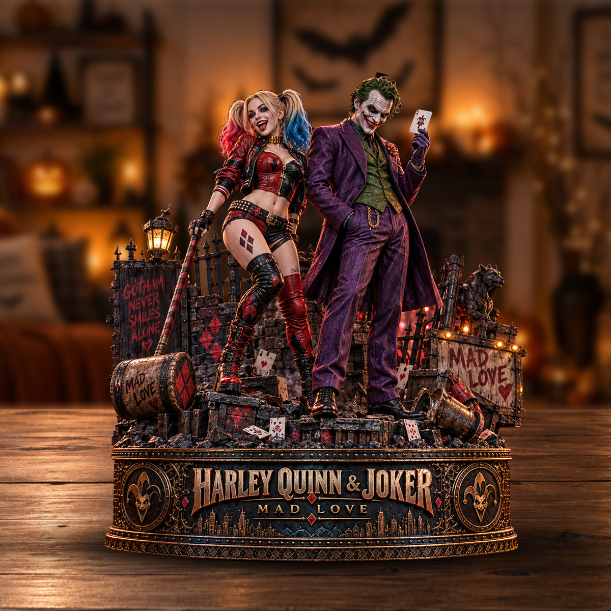 Harley Quinn & Joker Mad Love Gotham Wooden Block - Collectible Table Decor